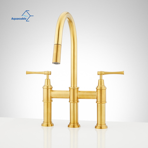 Tùy chỉnh boong gắn Nickel Brushed Brass cầu đôi xử lý hai đòn bẩy kéo xuống vòi nước nhà bếp với phun - Product Image 2