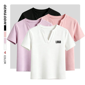 T-shirt da donna in poliestere con scollo a V, vestibilità slim, tinta unita, stampa a pigmenti e floccata, ad asciugatura rapida, stile casual business - un must-have - Product Image 4