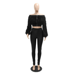 ZHEZHE élégant similicuir costume <span class=keywords><strong>legging</strong></span> et haut court tenues plume hors de l'épaule veste 2 pièces ensemble - Product Image 2