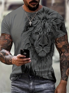 Camiseta Cómoda para Hombre con Estampado de León, 180 Gramos, Tejido de Punto, Manga Corta, Estilo Casual Elegante, Camiseta Gráfica, Ropa de Verano - Product Image 5
