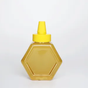 六角形蜂蜜罐，带黄色壶嘴盖200毫升360毫升塑料罐不含BPA挤压蜂蜜罐