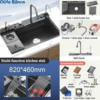 Évier de cuisine à cascade avec robinet numérique tendance TikTok, robinet de pluie en acier inoxydable 304, évier de cuisine en céramique avec porte-couteaux