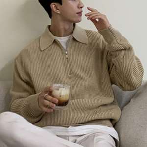 Suéter de punto de Color sólido versión coreana, chaqueta de suéter con cremallera a la moda, Tops informales de manga larga con solapa para hombre, 2017 - Product Image 6