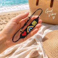 Gelang Manik Tenun Go2boho dengan Pola Smiley Pelangi Hati, Benang Nilon Hitam, Perhiasan Hadiah Kasual yang Dapat Disesuaikan