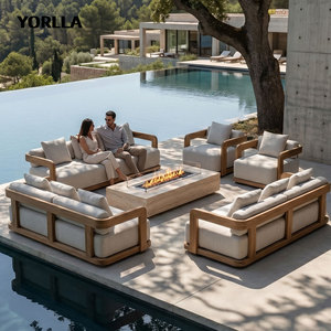 Canapé <span class=keywords><strong>de</strong></span> patio en teck en U moderne pour complexe hôtelier, <span class=keywords><strong>salon</strong></span> <span class=keywords><strong>de</strong></span> <span class=keywords><strong>jardin</strong></span> à assise profonde avec table brasero, couleur personnalisée par le fabricant - Product Image 4