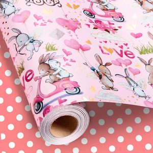 Valentines Day Wrapping <b>Paper</b> Pink Rabbit Love Arrow Dots Gift Wrap 17 Inch X 33 Feet Reversible For Valentine's Day Birthday - Product Image 1