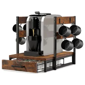 Organisateur de dosettes à café <span class=keywords><strong>en</strong></span> métal pour cuisine avec porte-tasses et tiroir, style rétro <span class=keywords><strong>en</strong></span> bois pour comptoir, support pour cafetière 15,5*14*12,2 POUCES - Product Image 1
