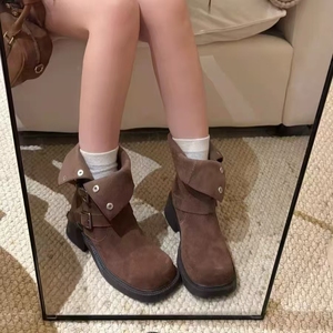 Brown Faux Suede Ankle Chelsea <b>Boots</b> Round Toe Buckle Strap Comfort Rubber Outsole Autumn Solid Color - Product Image 3