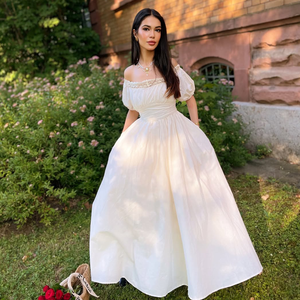 שמלה אלגנטית עם שמלת מקסי לבנה עם שרוולים עלים גזוז המחשוף שמלת כדור flowy עבור שמלת אורחת חתונה - Product Image 3