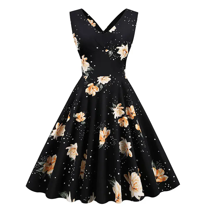 1950s 60s kadınlar Vintage elbise yaz çiçek Rockabilly Retro askı elbise Rockabilly Pinup dans pamuk daire elbise