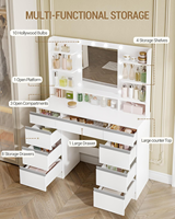 Coiffeuse moderne en MDF avec éclairage LED, 1 grand et 8 petits tiroirs, luminosité réglable, grand miroir HD et 9 compartiments de rangement ouverts