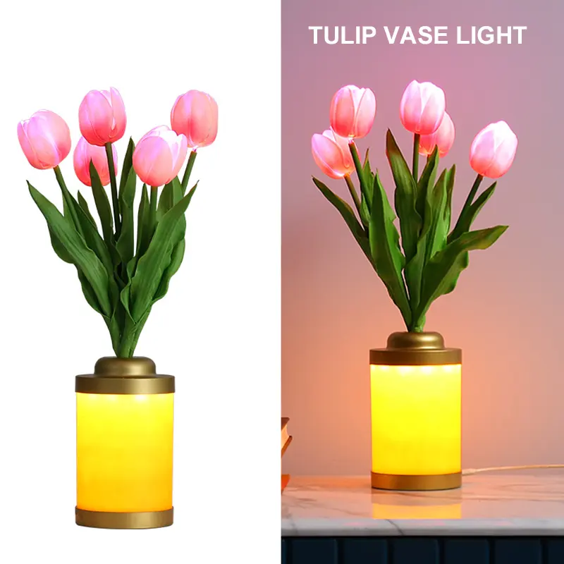 Batterij Werkende Usb Plug Verlichte Led Bloem Rose Tulp Warm Wit Vaas Tafellamp Voor Huis Tuin Decoratie Ins Vakantie