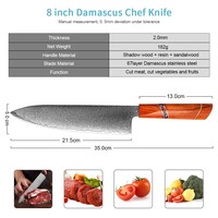 Professioneel 67-laags Damascus staal koksmes, multifunctioneel keukenmes voor vlees, groenten en fruit, OEM aangepaste logo's mogelijk