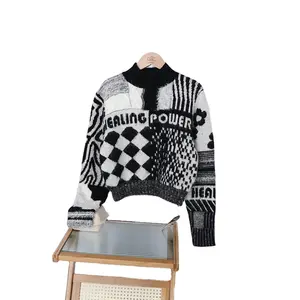 OEM 사용자 정의 여성용 V-넥 풀오버 튜닉 스웨터 긴 소매 레이스 꽃 캐주얼 겨울 패션 프린트 패턴
