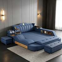 Luxuriöses Blaues Lederbett mit Massage-Kopfstütze Seitlicher Aufbewahrungsschrank Schublade Hebbare Bettendekonsole für Hochwertige Schlafzimmer