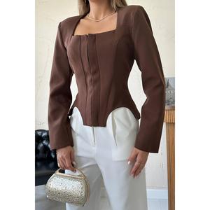 Elegante Chaqueta Marrón para Mujer, Manga Larga, Tejida, Estilo Otoñal, Diseño de Cuello Cuadrado - Product Image 2