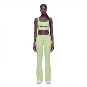 Women 2 Piece Yoga <b>Set</b> <b>Square</b> Neck Cutout Crop Top High Waist Flared Leggings Solid Color Seamless - Product Image 1