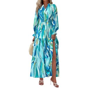 FOXA Women's Floral Maxi <b>Dress</b> Long Sleeve V Neck A Line Elastic Waist <b>Boho</b> Party <b>Dress</b> Spring <b>Summer</b> Casual Wear - Product Image 1