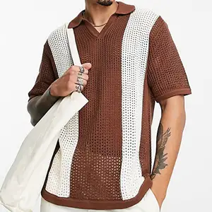 High Quality 100% Cotton Streetwear Oversize Turn-down Collar men s polo shirts Knitted Stripe Golf Polo T Shirt For Men