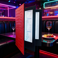 En gros, Porte-menu lumineux A4 à 4 faces en similicuir noir, Modèle BL-0067, Fabriqué en Chine, pour liste de prix de bar, utilisation KTV et hôtellerie