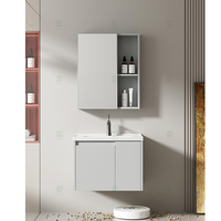 Projet de vente en gros meuble de toilette de salle de bain flottant à mur en contreplaqué avec lavabo en céramique et miroir