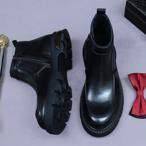 Bottes Martin en cuir de veau souple pour hommes, bottes courtes à semelle épaisse en cuir véritable, bottes Chelsea à fermeture éclair mi-mollet, tendance - Product Image 3
