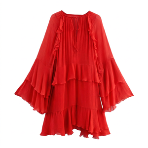 Ropa de Mujer, Nuevo Vestido Corto con Cuello de Lazo Francés y Mangas de Trompeta con Volantes para Otoño - Product Image 3