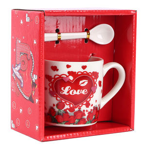 Bone china colore rosso stampato fiore <span class=keywords><strong>amore</strong></span> romantico san valentino tazza da caffè in ceramica tazza regalo coppia tazza con cucchiaio - Product Image 5