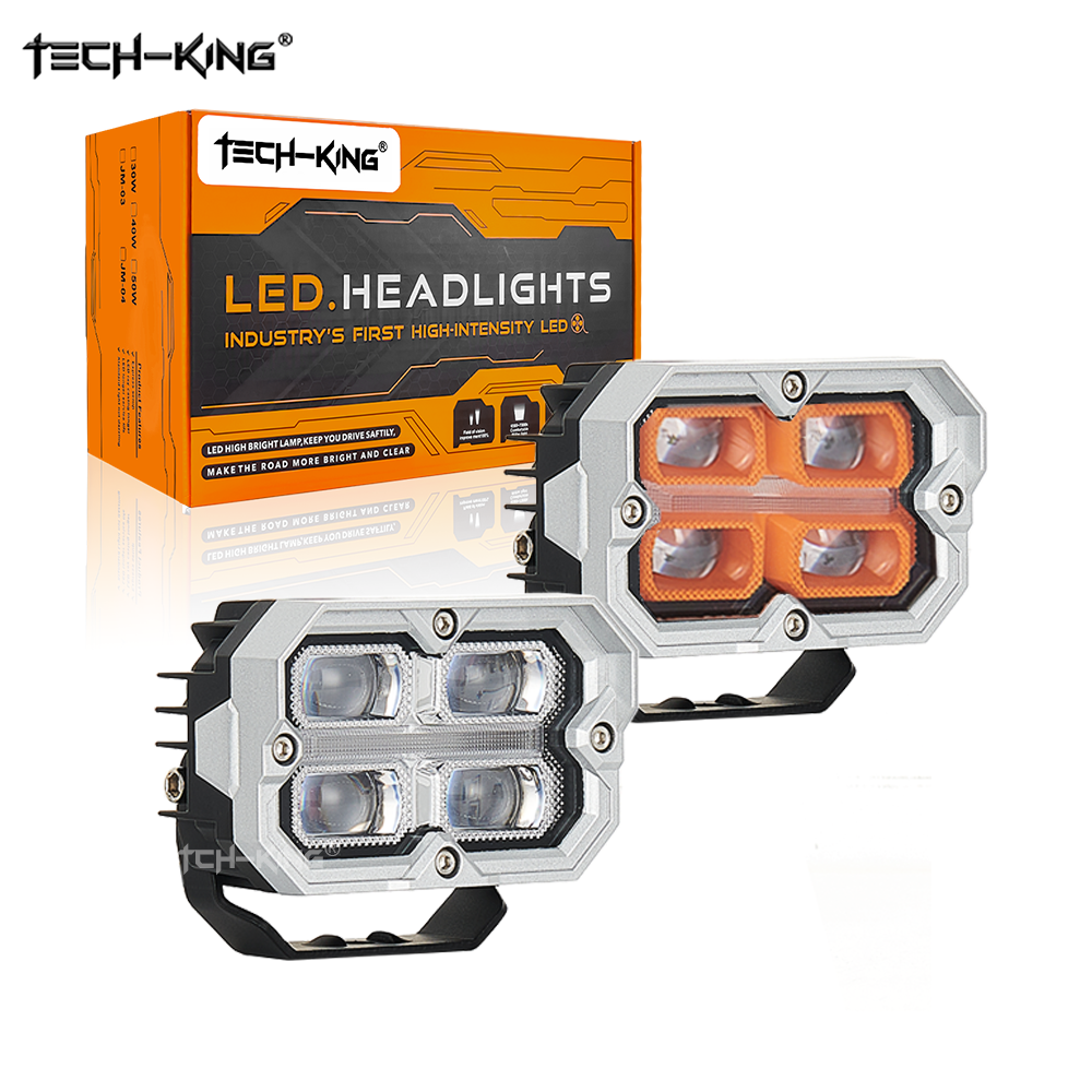 TECH-KING 90W 4-Chip Dual Color Spot LED Working Lights Driving Offroad Car Tractor Truck & Commercial Vehicles with Amber Pod
