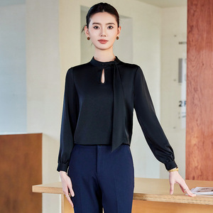 White Long Sleeve Chiffon Shirt For Women With Bow Tie Workwear Professional Blouse Solid Color Polyester Fabric - Product Image 4