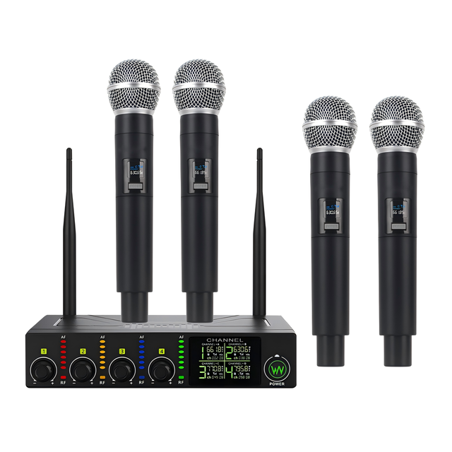 Professional 4-Channel UHF Wireless Microphone System with Dynamic Mics LED Display Adjustable Frequency Noise Cancelling