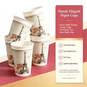 Gobelets en papier jetables écologiques <span class=keywords><strong>à</strong></span> paroi simple, imprimé floral Tour Eiffel <span class=keywords><strong>Paris</strong></span>, style élégant, légers, pour café, thé, tequila - Product Image 3