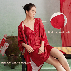 Venta al por mayor de 2 piezas de satén de seda transpirable camisola acolchado Grace Sexy de talla grande vestido de noche y <span class=keywords><strong>Bata</strong></span> para la primavera y el otoño - Product Image 3