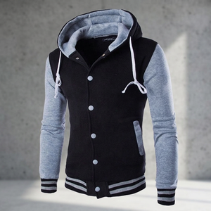 Blouson universitaire décontracté sur mesure avec col montant et capuche, en tissu tricoté respirant, teint, boutonné, pour l'hiver - Product Image 3