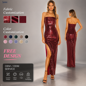 Vestido Maxi Formal de Fiesta para Mujer, Personalizado, Rojo, de Poliamida con Lentejuelas, sin Tirantes, Cuello Recto, sin Mangas, Ajustado al Cuerpo, con Abertura Lateral Alta - Product Image 1