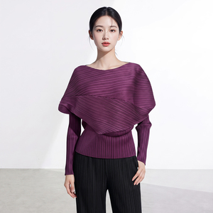 Blusa de Mujer para Primavera/Verano, Cuello en V, Diseño Minimalista, Asimétrica, Estilo Vintage, Tejida, Holgada, Plisada Miyake, Informal, de Poliéster, Color Sólido - Product Image 5