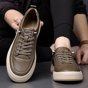 White <b>Leather</b> Slip-On <b>Sneakers</b> Round Toe Rubber Outsole Anti-Slip Korean Style Walking Shoes - Product Image 3