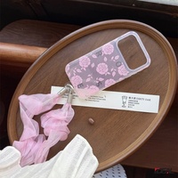 Coque de téléphone IDEAL Factory INS Grid à motif rose, procédé IMD, avec cordon en gaze de couleur assortie pour iPhone 15 16 17 18 Pro Max