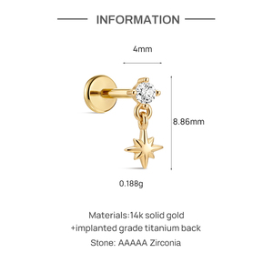 Pendiente de Titanio G23 Premium con Zirconia y Oro Sólido de 14K, Diseño de Estrella del Norte de 8 Puntas, Biocompatible, Parte Trasera Plana, Helix Celestial - Product Image 3