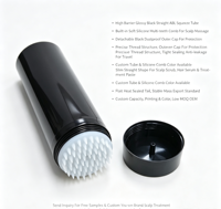 Tube souple noir avec applicateur peigne massant multi-dents en silicone, tube vide pour gommage du cuir chevelu, sérum capillaire, emballage cosmétique