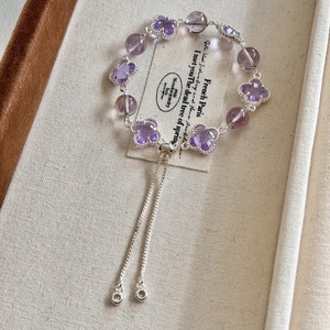 Bracelet en alliage trèfle à quatre feuilles en cristal naturel, améthyste jaune et blanche, bijou porte-bonheur polyvalent, style Ins pour femme, longueur standard - Product Image 3