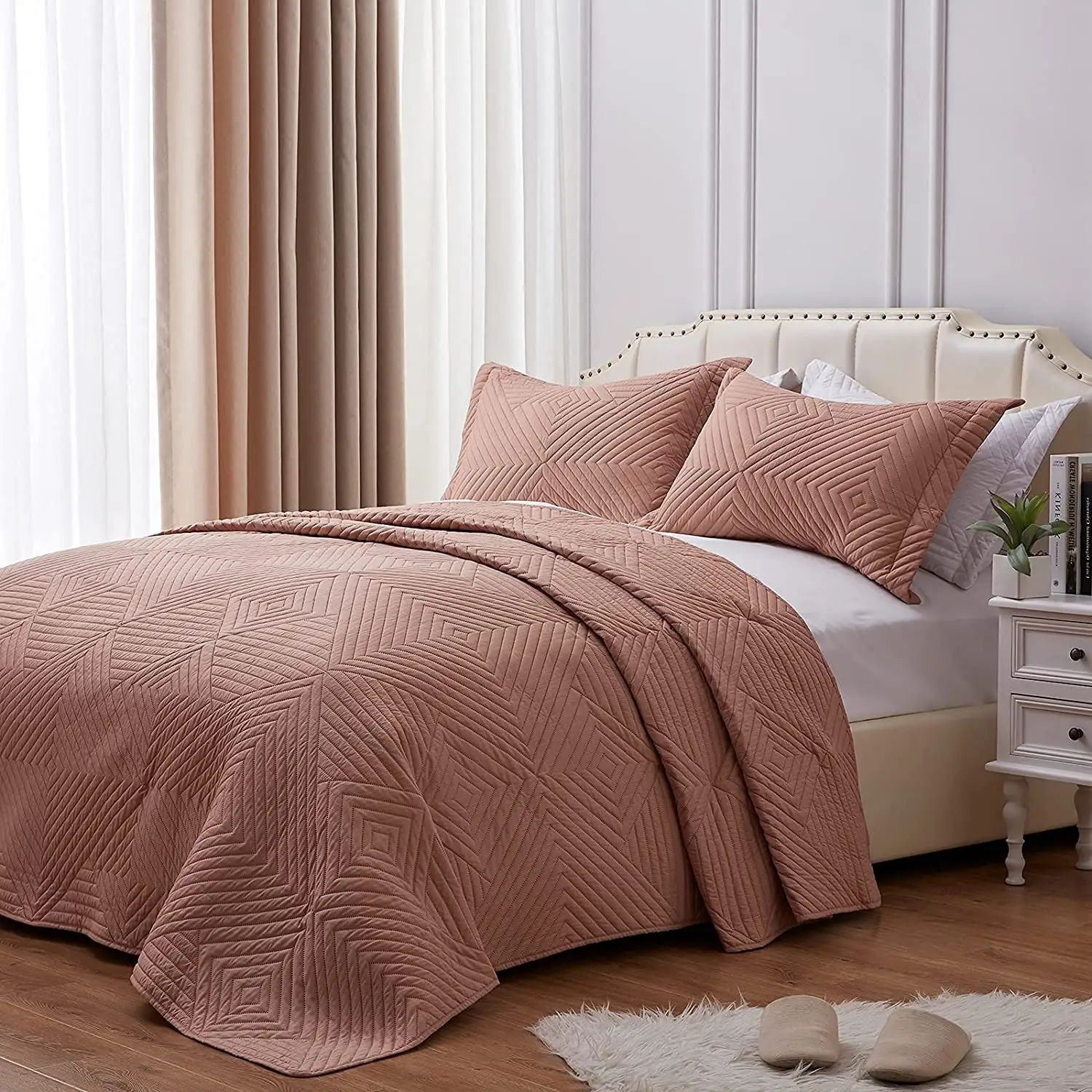 Home Quilt Set 3 Pieces Queen Quilt Set Light Pink Soft Microfiber Bedspreads Queen Size Lightweight Coverlet Reversible Comfort