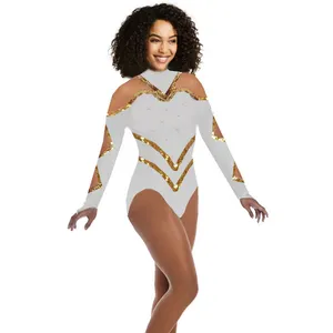 Normzl Wholesale Dancing Doll White And Gold Sequin Jazz Leotard Dancewear Majorette Dance Team Uniforms Cheerleading Costume