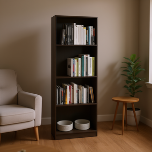 Tiered Bookcase 4 <b>Shelves</b> Dark <b>Walnut</b> Wood Modern Design Living Room Furniture Freestanding With Back Panel - Product Image 2