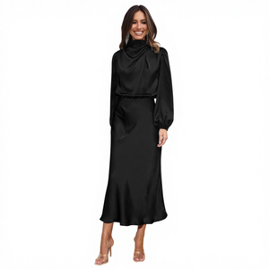 Abito Midi Estivo Vintage <span class=keywords><strong>in</strong></span> <span class=keywords><strong>Raso</strong></span> Intrecciato per Donna, <span class=keywords><strong>Vestito</strong></span> Casual da Ufficio Traspirante con <span class=keywords><strong>Maniche</strong></span> <span class=keywords><strong>Lunghe</strong></span> e Bottoni Frontali - Product Image 4