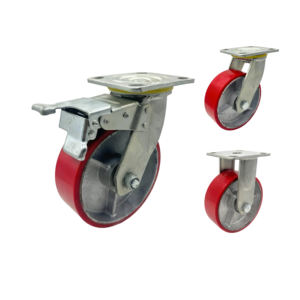 Rodízios Giratórios de Ferro Pesado com Rolamento Duplo de 6 Polegadas, Núcleo de Ferro, PU Vermelho, com Freio Total e Revestimento Zincado - Product Image 3