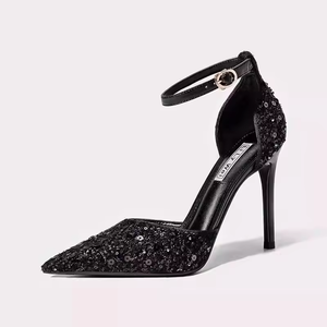 Sandalias Negras Sexys de Alta Calidad para Mujer, con Tacón de 3cm, 6cm, 10cm, con Hebilla de Una Sola Tira, Punta en Pico, Estilo Stiletto, Lujosas, de 8cm - Product Image 1