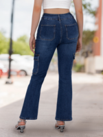Jean cargo taille haute évasé en denim délavé et déchiré pour femme, grande taille, été 2026, avec double bouton et poches latérales