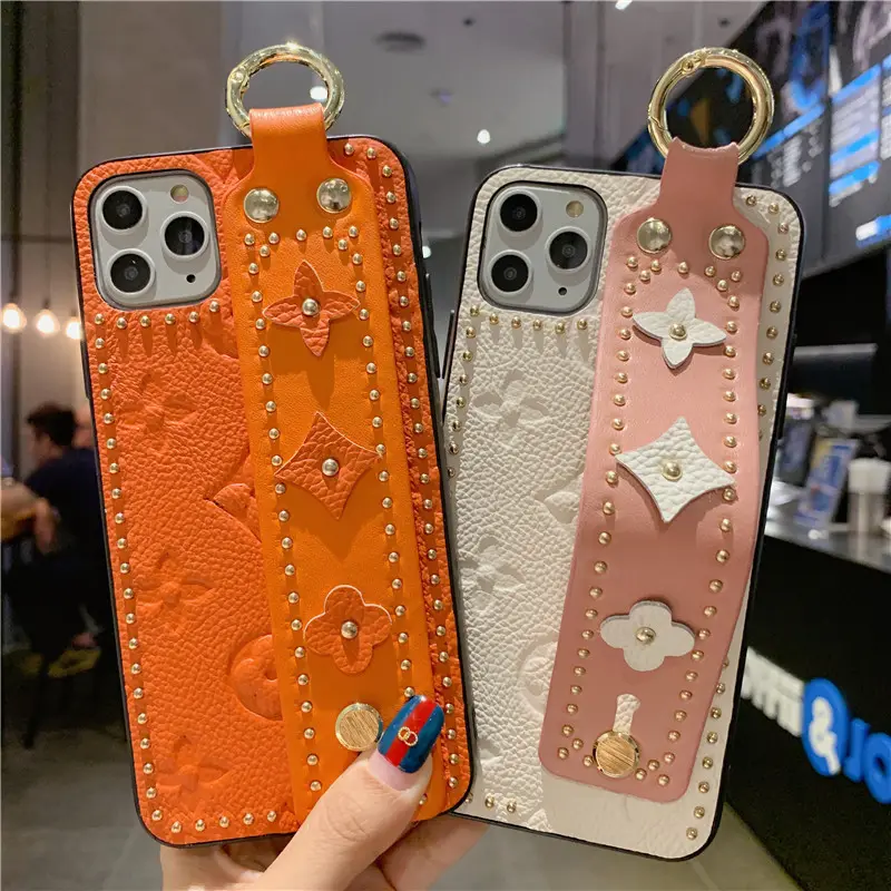 Luxury Genuine Leather Embossed Rivet Strap Belt Phone Case For iPhone 11