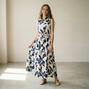 Nuovo Abito Chemisier Senza Maniche Blu Bianco Floreale Lungo <span class=keywords><strong>Maxi</strong></span> OEM ODM Personalizzato Ingrosso Casual da Donna per Serate e Feste - Product Image 5